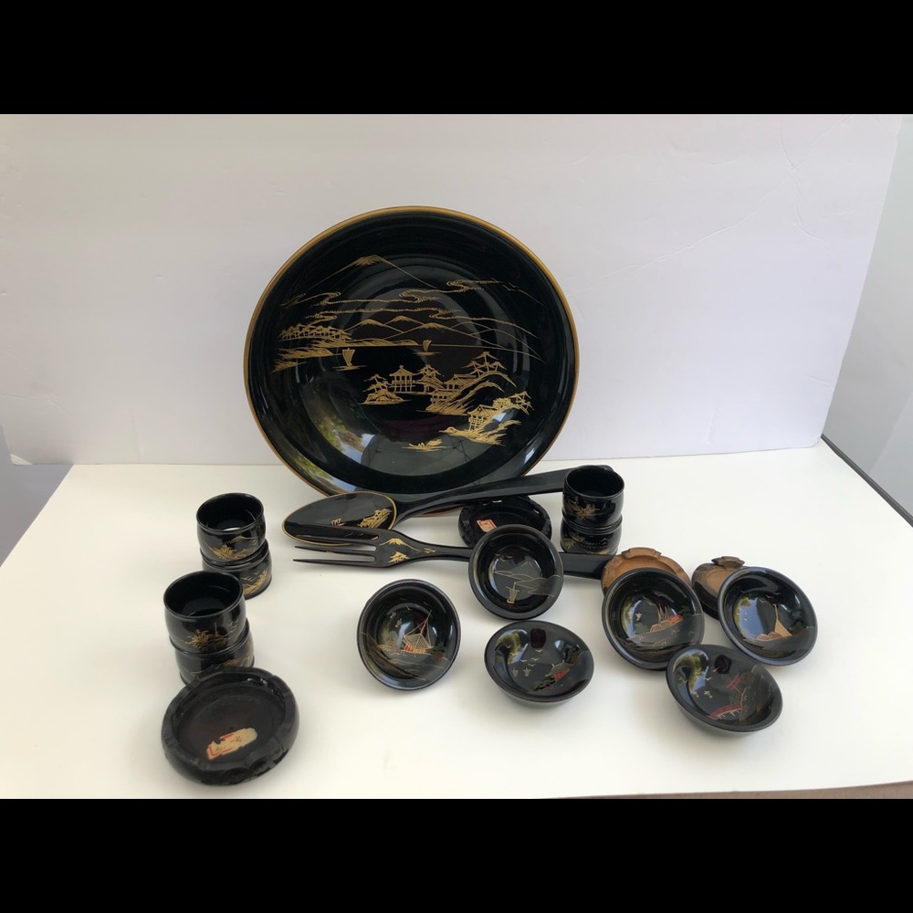 Japanese Lacquer Wooden hand painted dinnerware.
